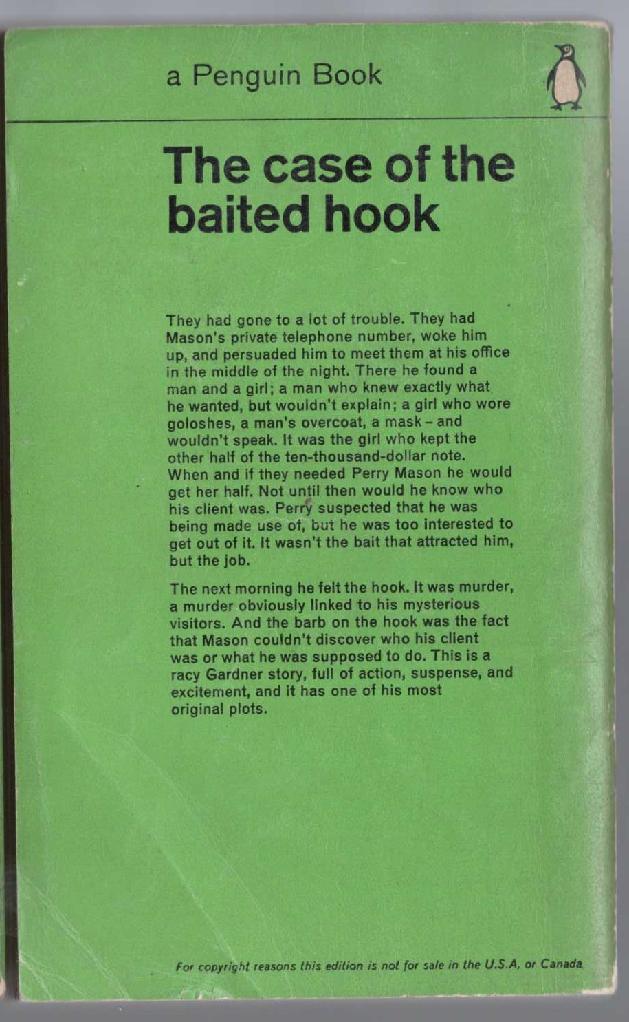 Erle Stanley Gardner  THE CASE OF THE BAITED HOOK magnified rear book cover image