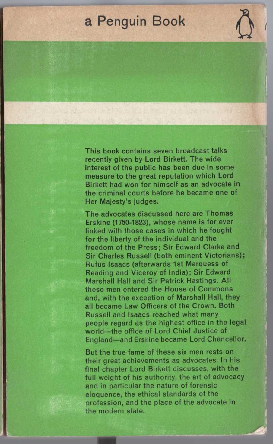 Lord Birkett  SIX GREAT ADVOCATES magnified rear book cover image