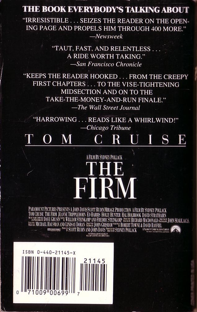 John Grisham  THE FIRM (Tom Cruise) magnified rear book cover image