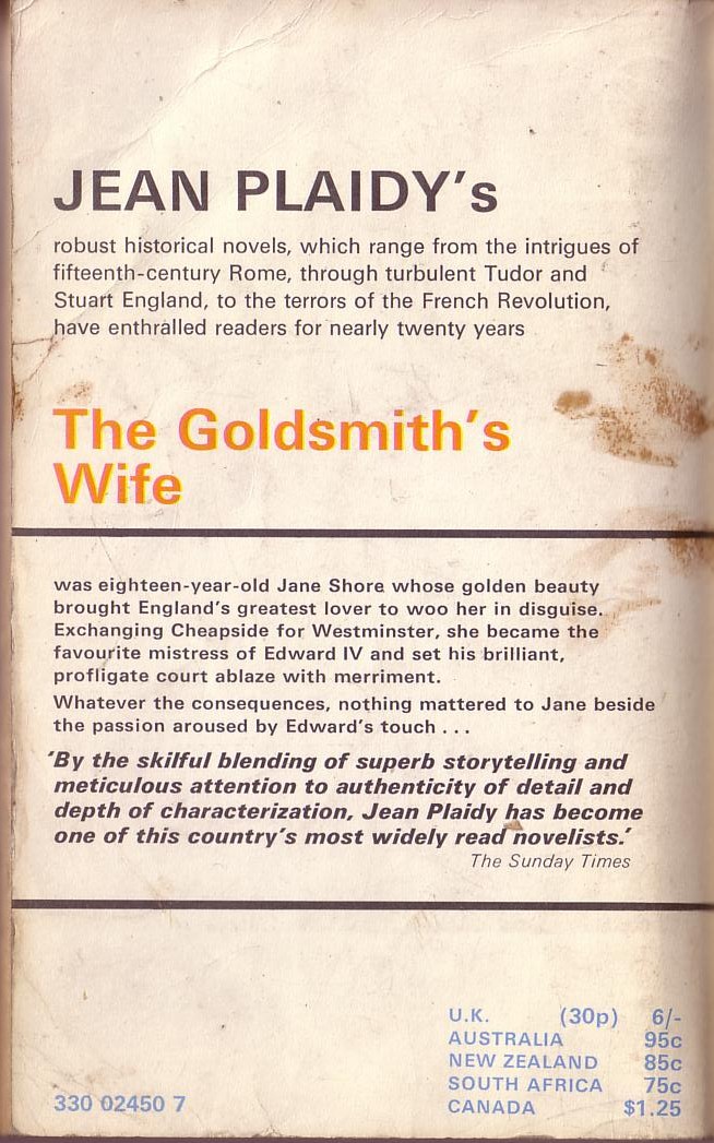 Jean Plaidy  THE GOLDSMITH'S WIFE magnified rear book cover image