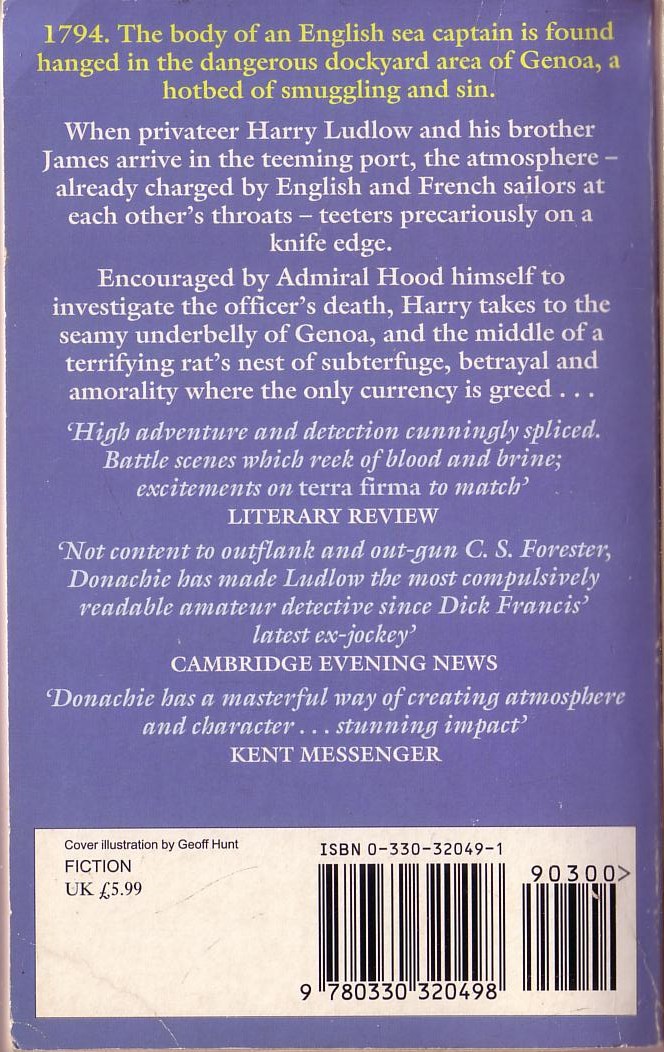 David Donachie  THE DYING TRADE magnified rear book cover image