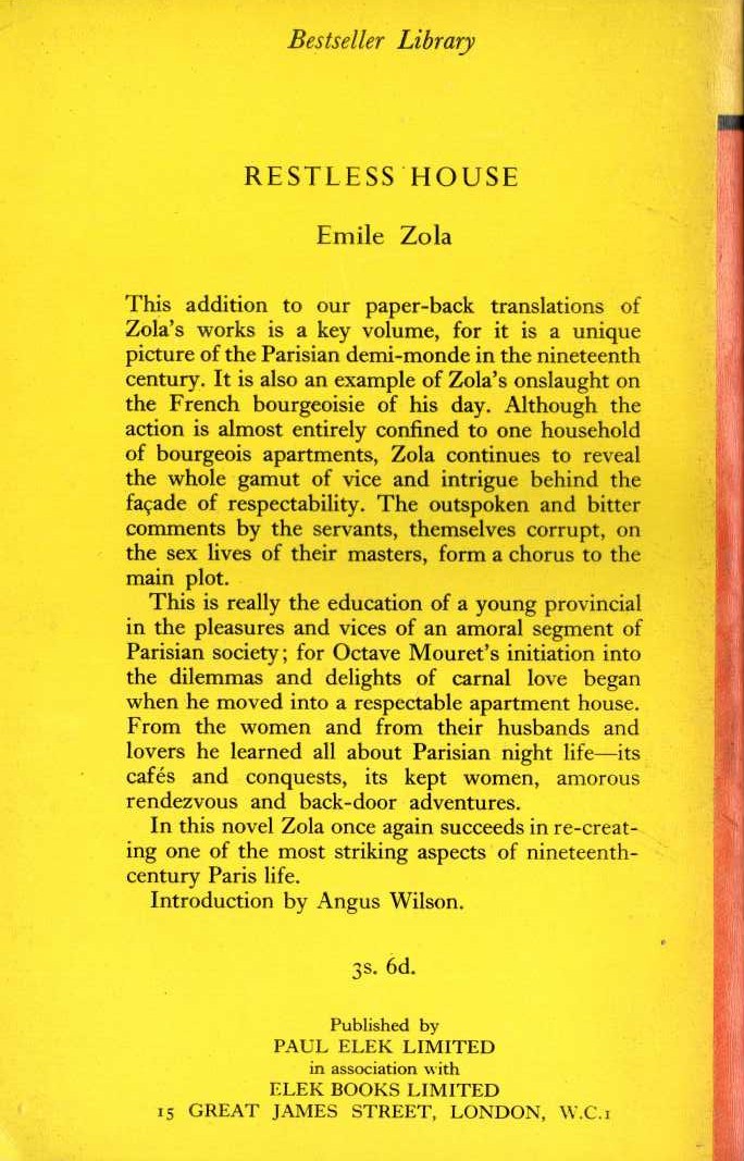 Emile Zola  RESTLESS HOUSE magnified rear book cover image