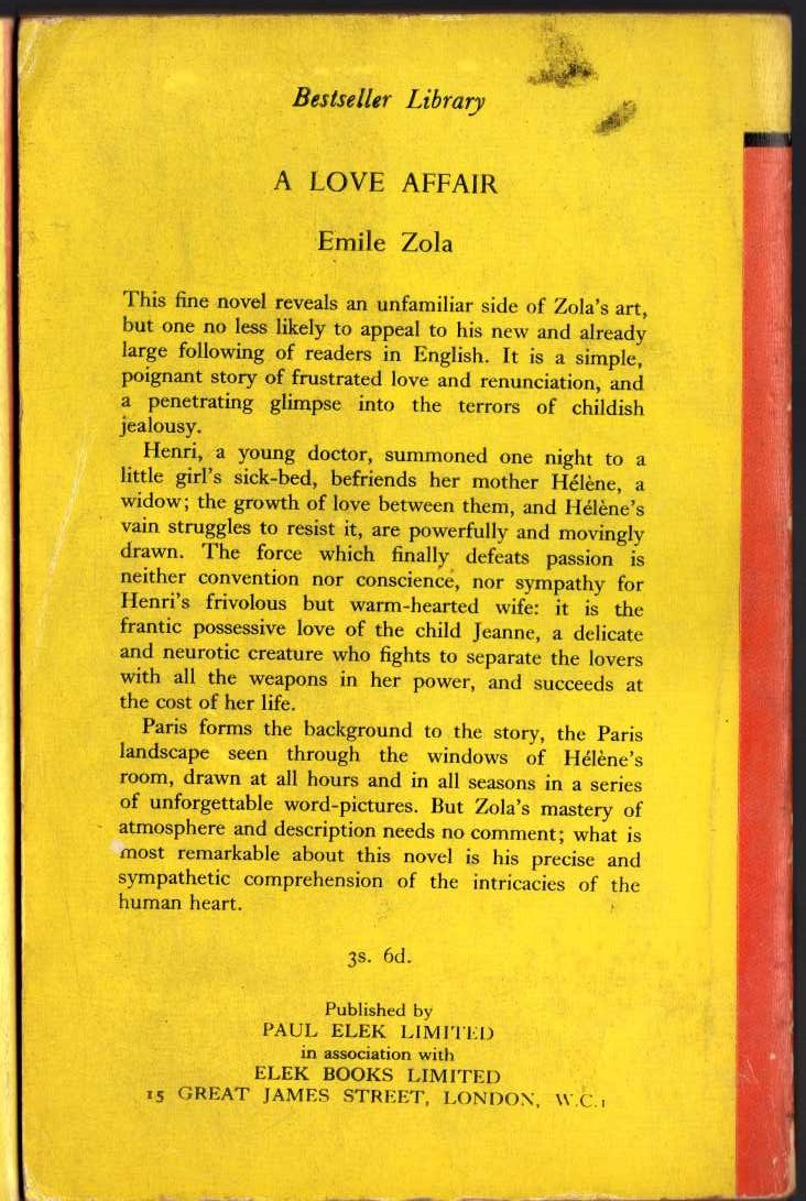 Emile Zola  A LOVE AFFAIR magnified rear book cover image