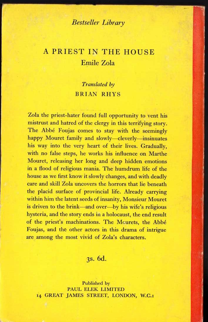 Emile Zola  A PRIEST IN THE HOUSE magnified rear book cover image