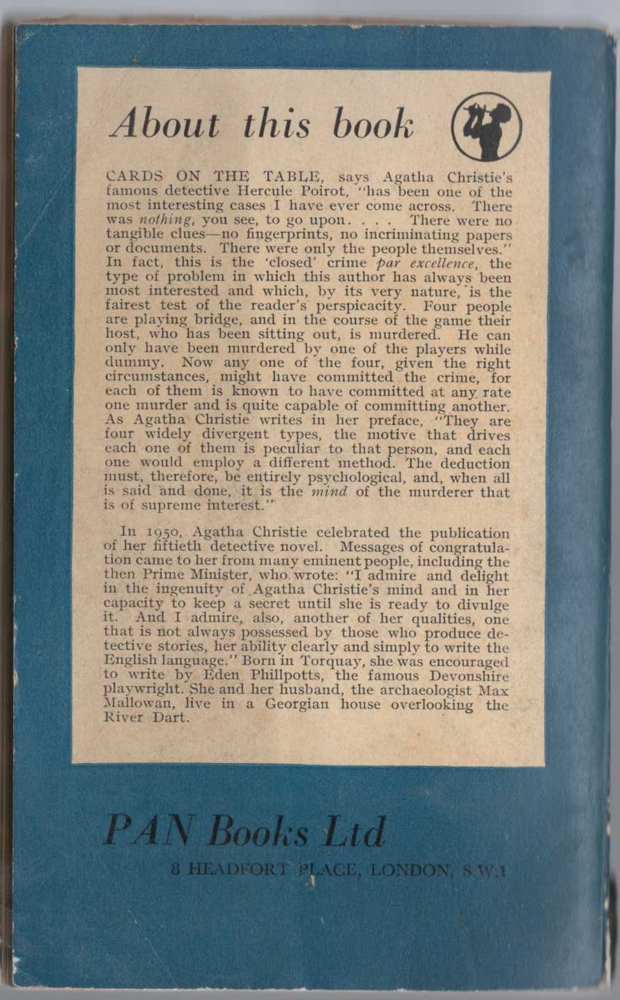 Agatha Christie  CARDS ON THE TABLE magnified rear book cover image