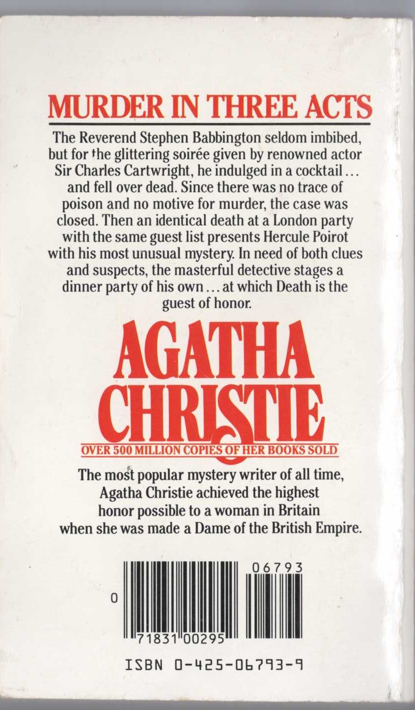 Agatha Christie  MURDER IN THREE ACTS magnified rear book cover image