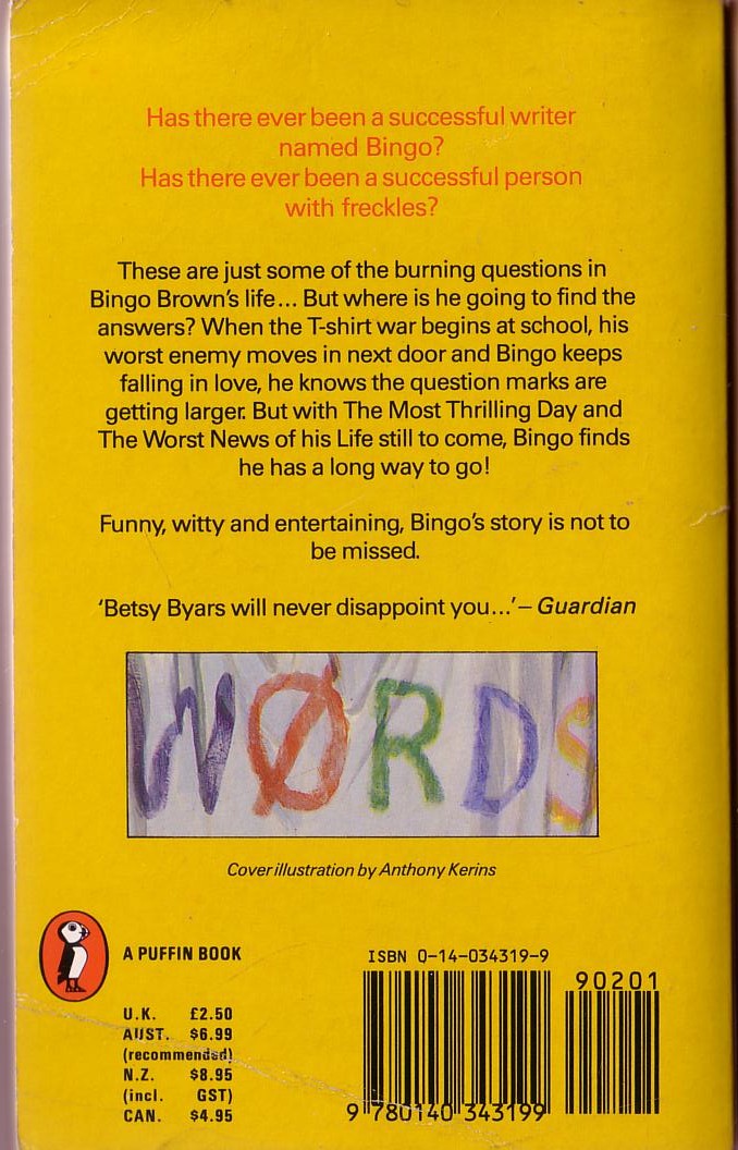 Betsy Byars  THE BURNING QUESTION OF BINGO BROWN magnified rear book cover image