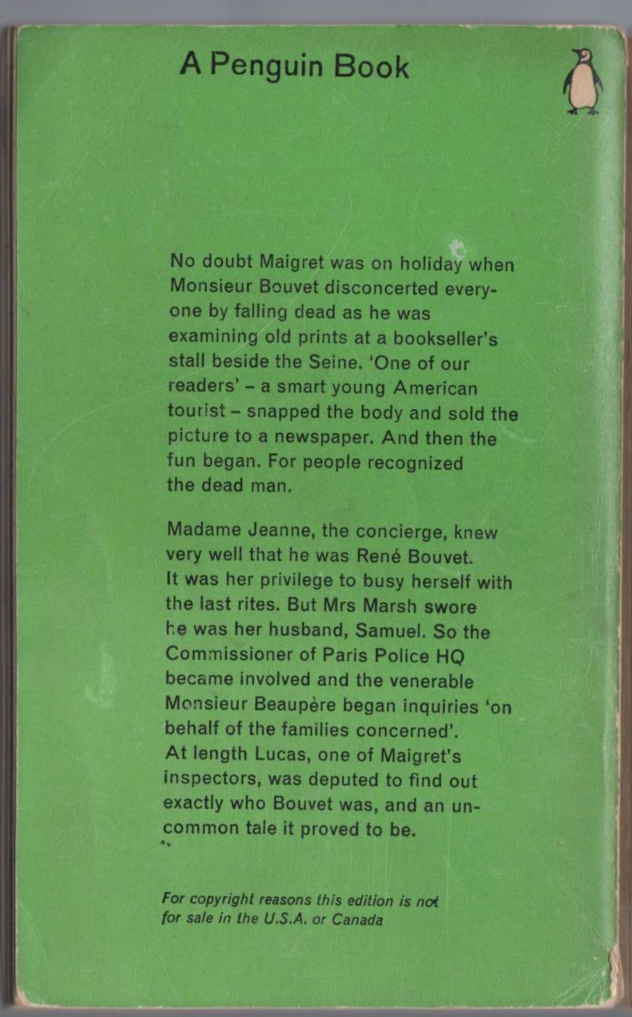 Georges Simenon  INQUEST ON BOUVET magnified rear book cover image