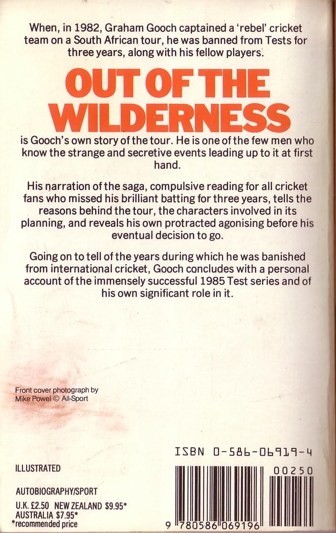 Graham Gooch  OUT OF THE WILDERNESS magnified rear book cover image