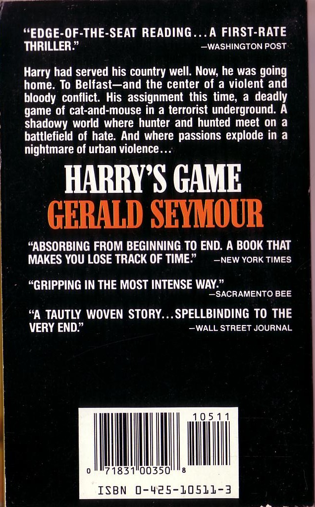 Gerald Seymour  HARRY'S GAME magnified rear book cover image