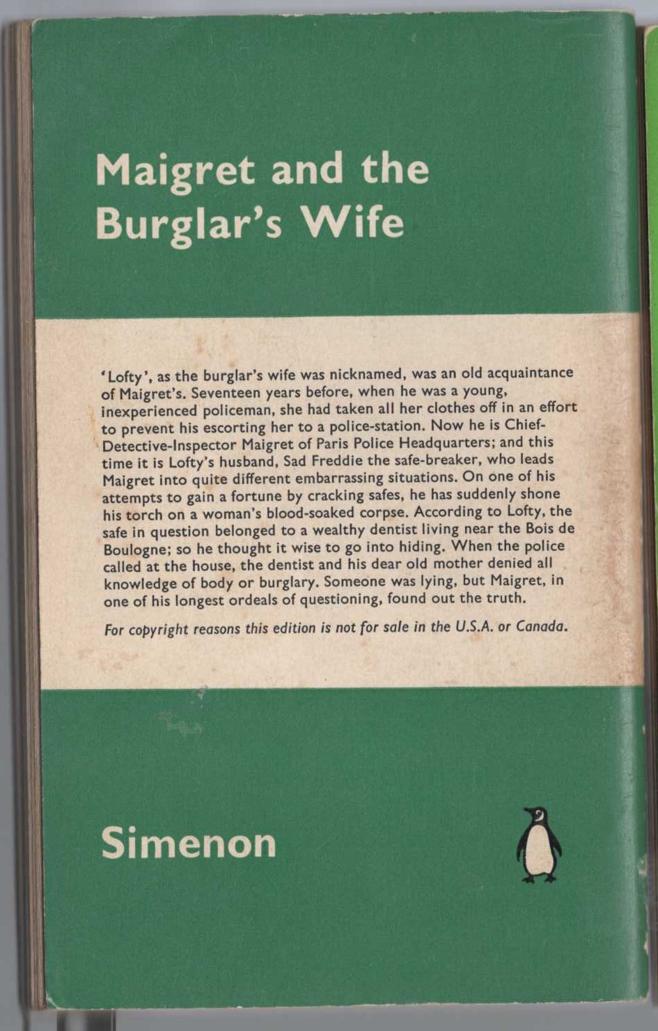 Georges Simenon  MAIGRET AND THE BURGLAR'S WIFE magnified rear book cover image