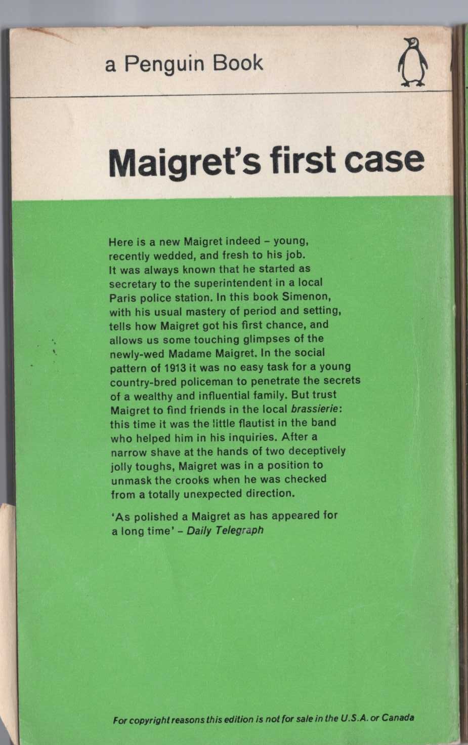 Georges Simenon  MAIGRET'S FIRST CASE magnified rear book cover image