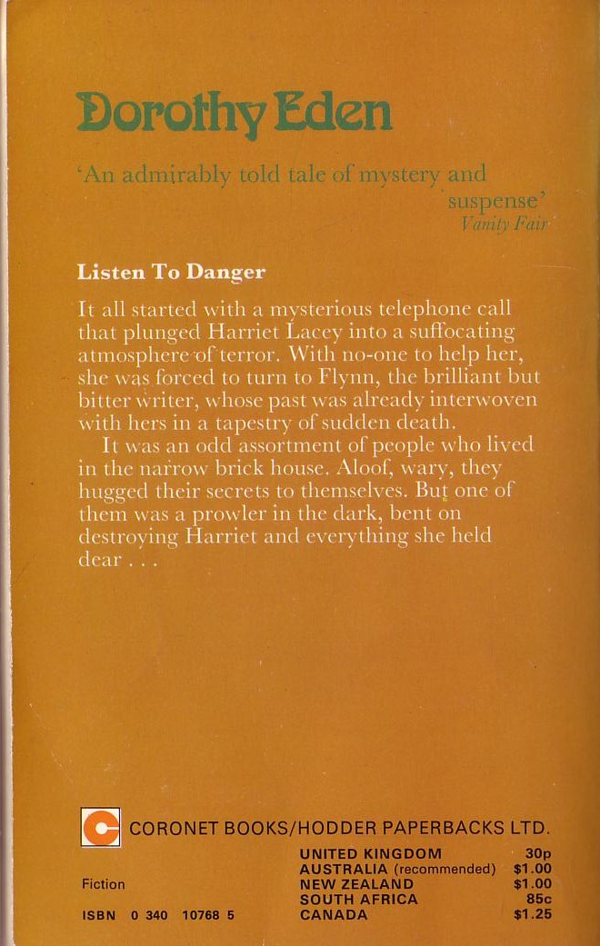 Dorothy Eden  LISTEN TO DANGER magnified rear book cover image