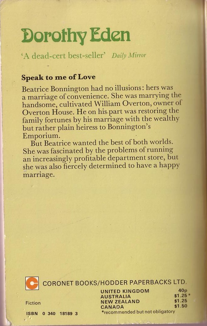 Dorothy Eden  SPEAK TO ME OF LOVE magnified rear book cover image