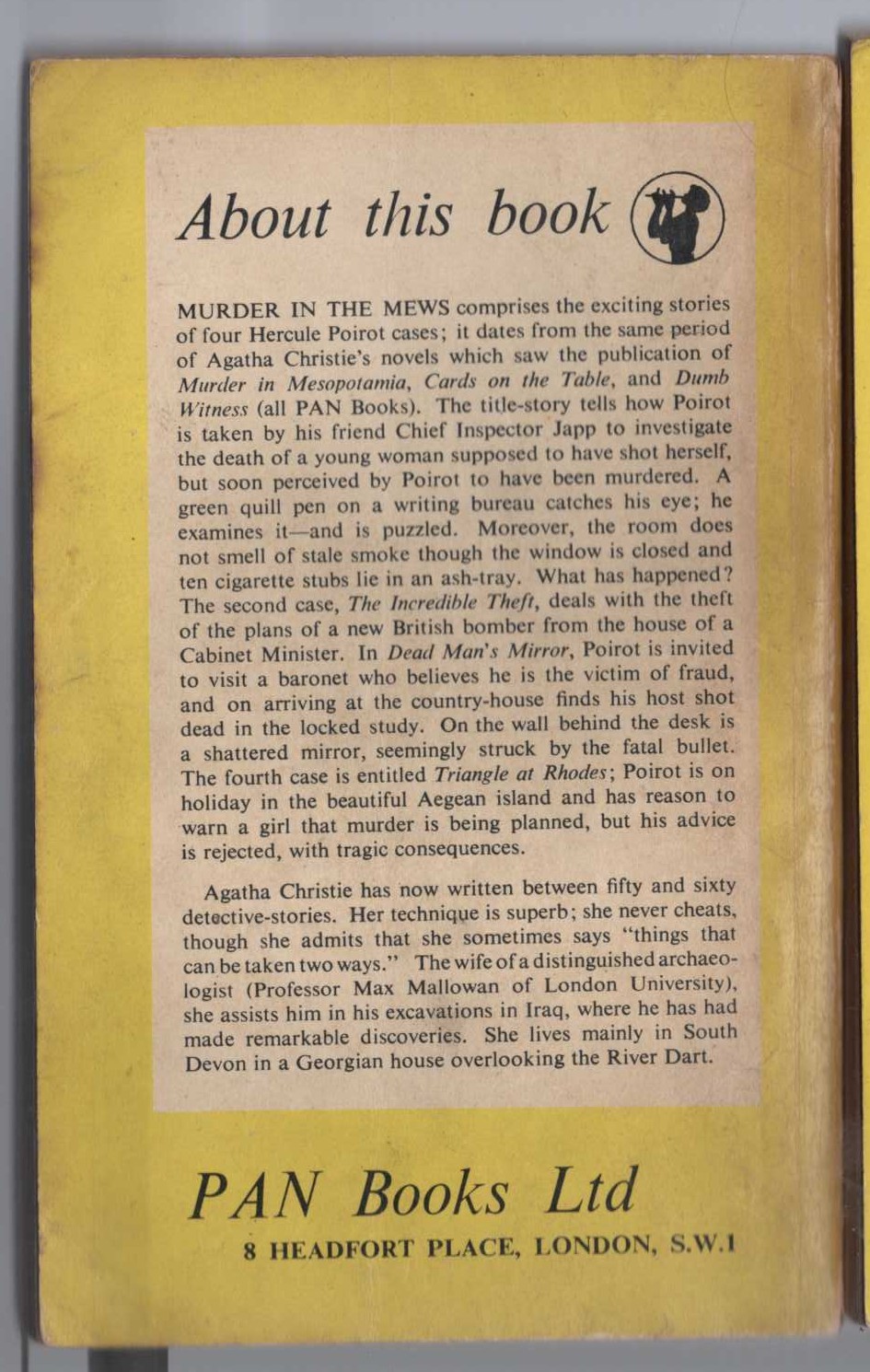 Agatha Christie  MURDER IN THE MEWS magnified rear book cover image