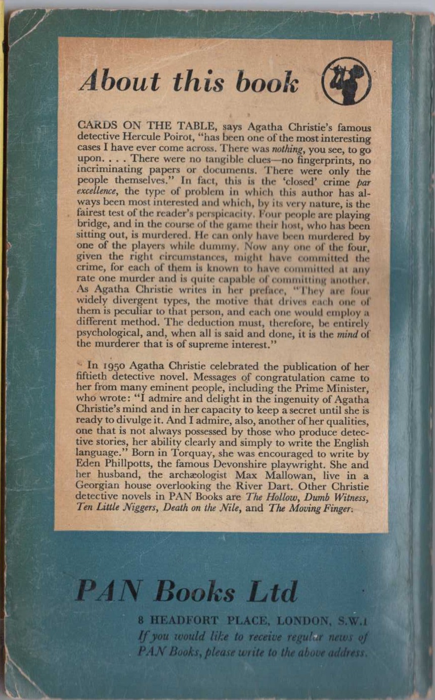 Agatha Christie  CARDS ON THE TABLE magnified rear book cover image