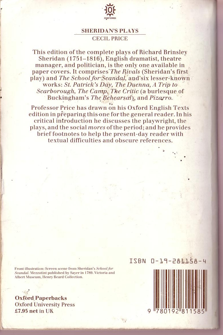 Richard Brinsley Sheridan  SHERIDAN'S PLAYS magnified rear book cover image