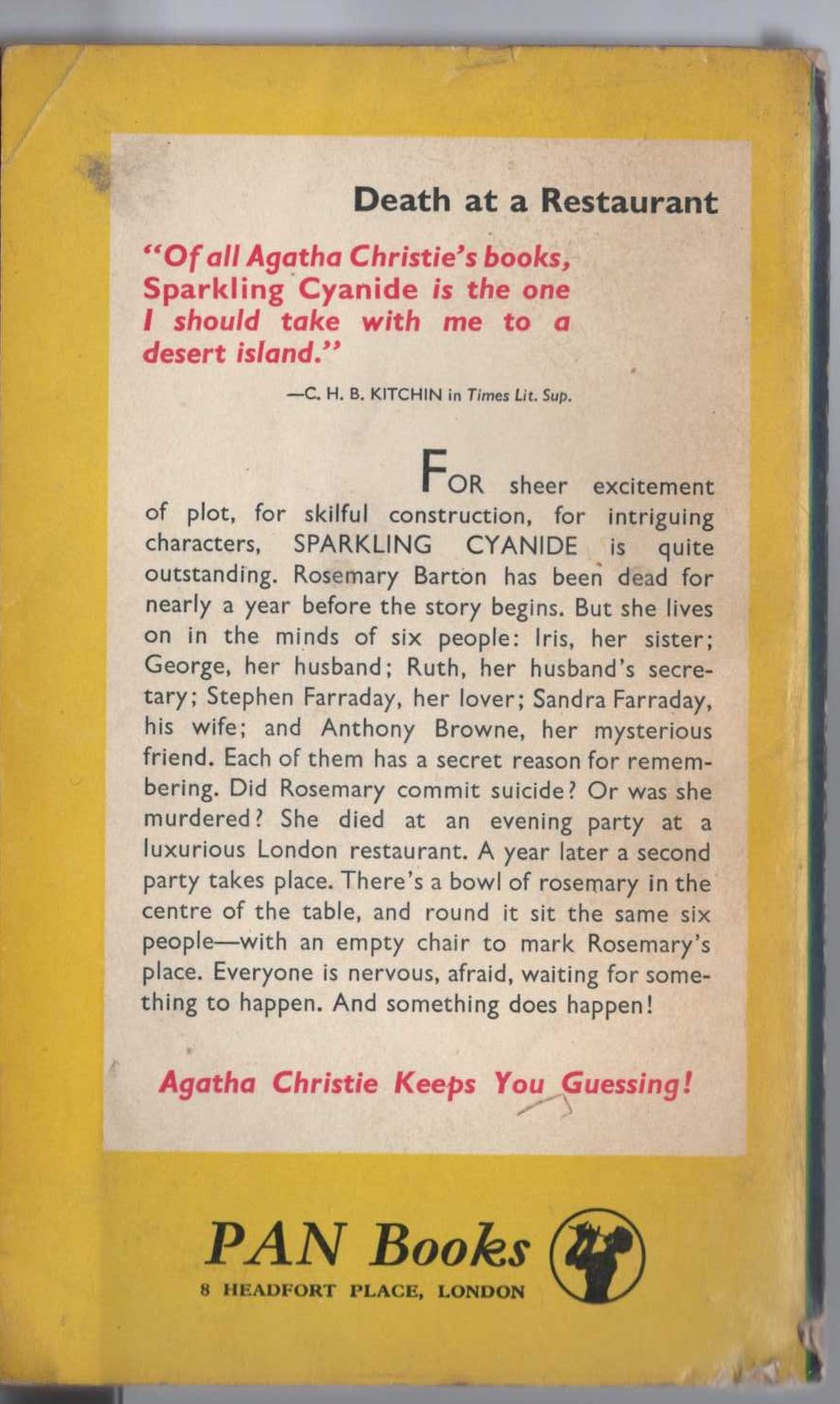 Agatha Christie  SPARKLING CYANIDE magnified rear book cover image