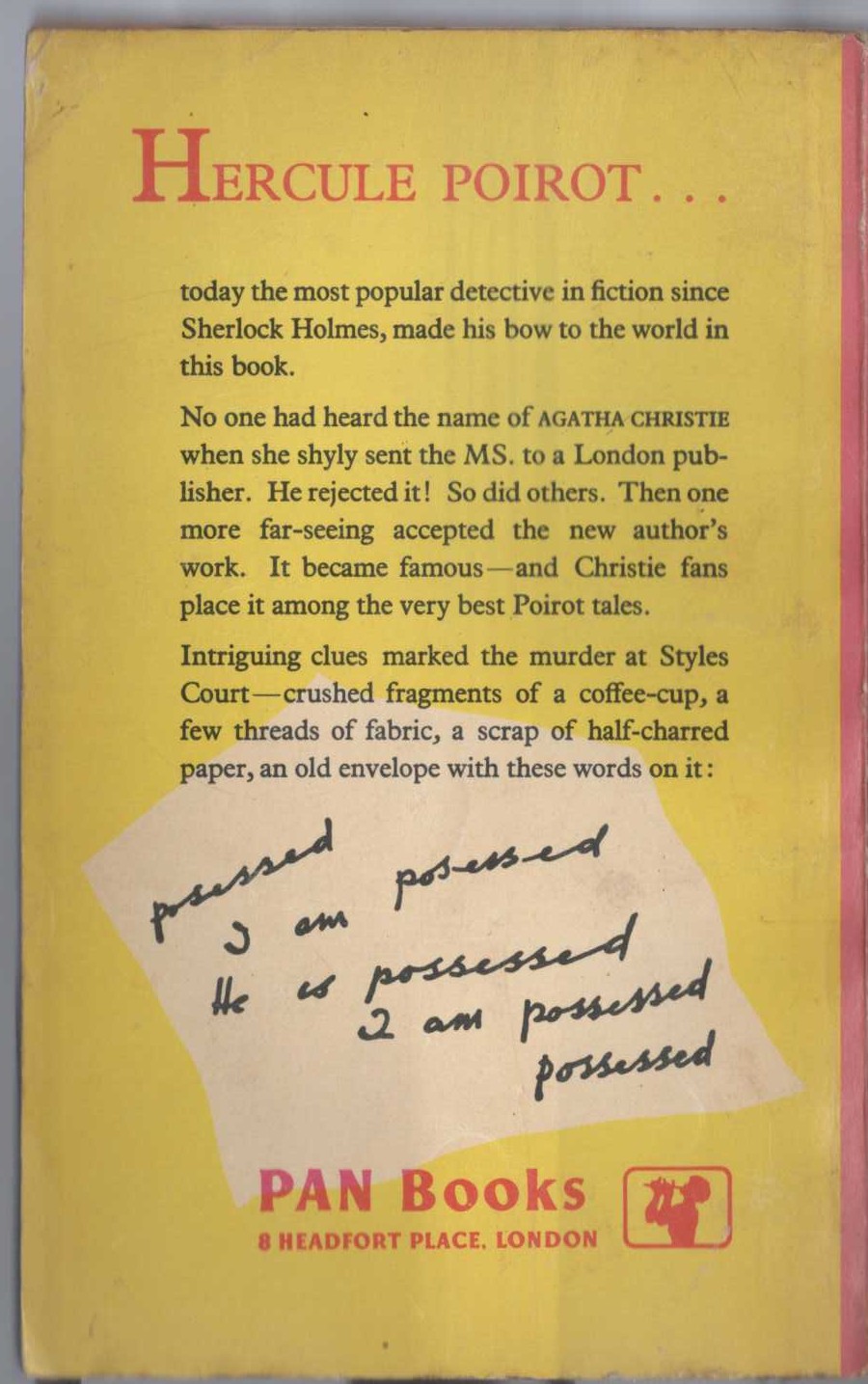 Agatha Christie  THE MYSTERIOUS AFFAIR AT STYLES magnified rear book cover image