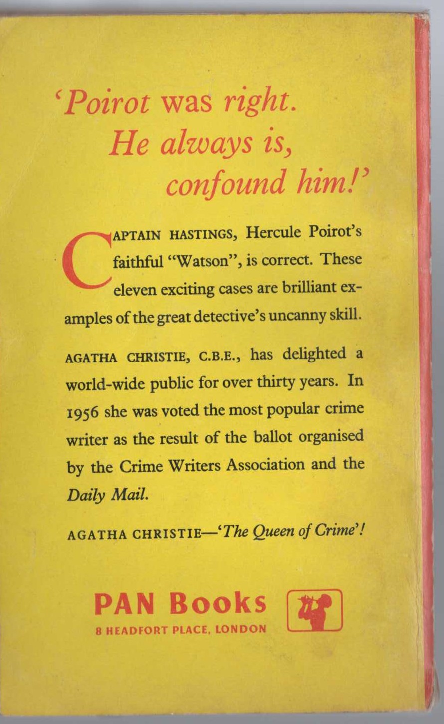 Agatha Christie  POIROT INVESTIGATES magnified rear book cover image