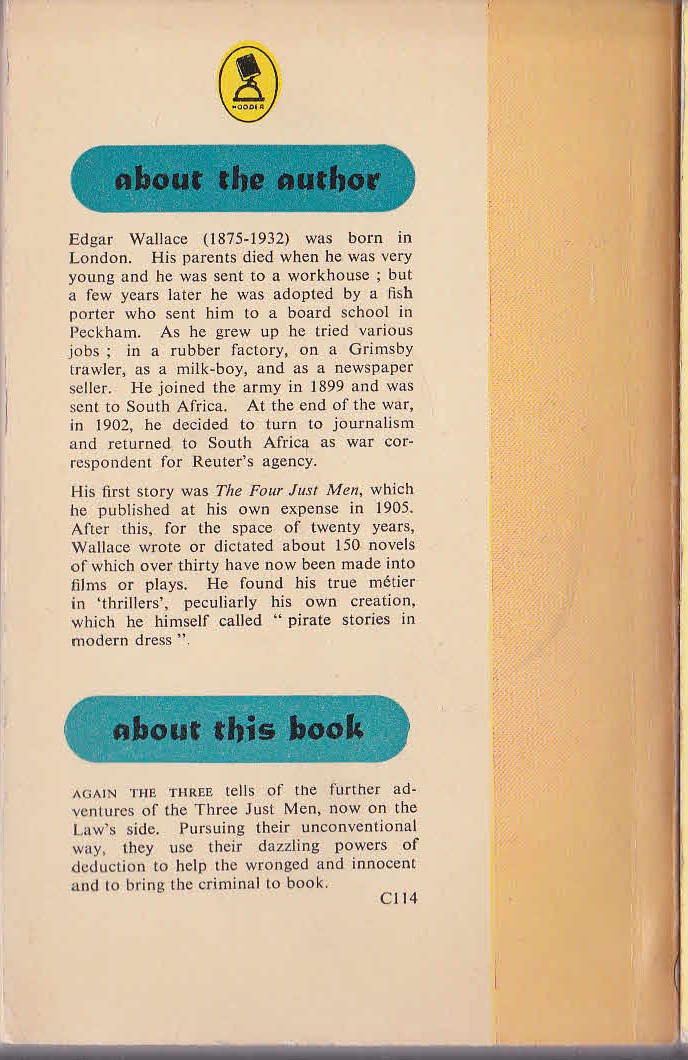 Edgar Wallace  AGAIN THE THREE magnified rear book cover image