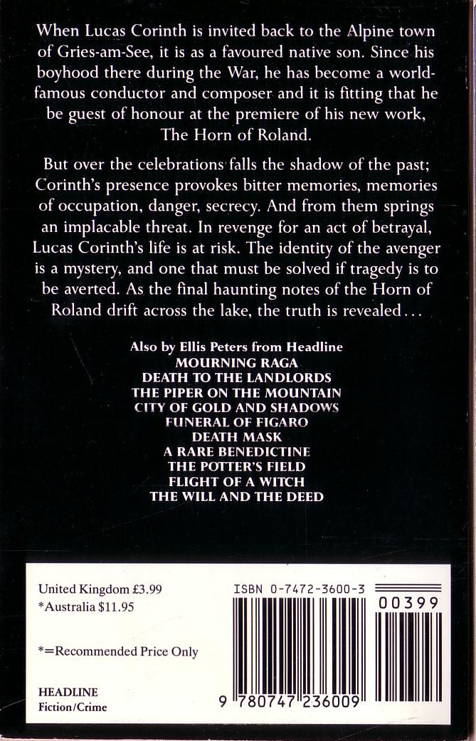 Ellis Peters  THE HORN OF ROLAND magnified rear book cover image