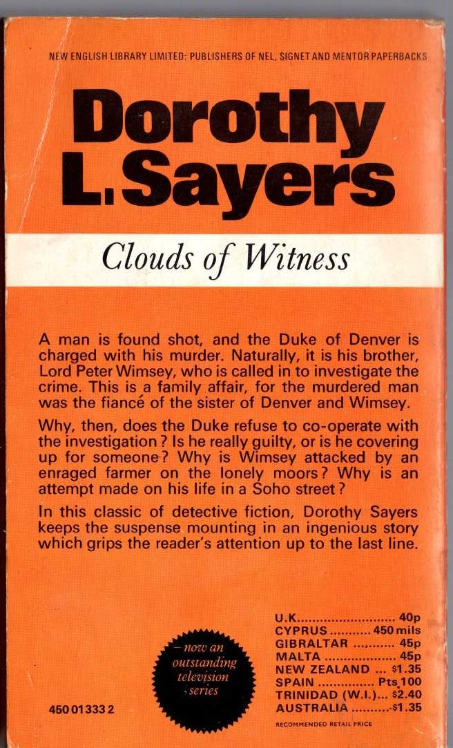 Dorothy L. Sayers  CLOUDS OF WITNESS magnified rear book cover image
