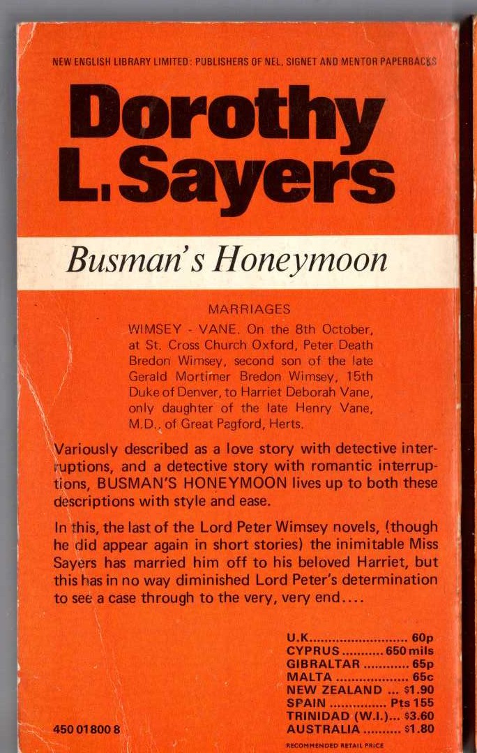 Dorothy L. Sayers  BUSMAN'S HONEYMOON magnified rear book cover image