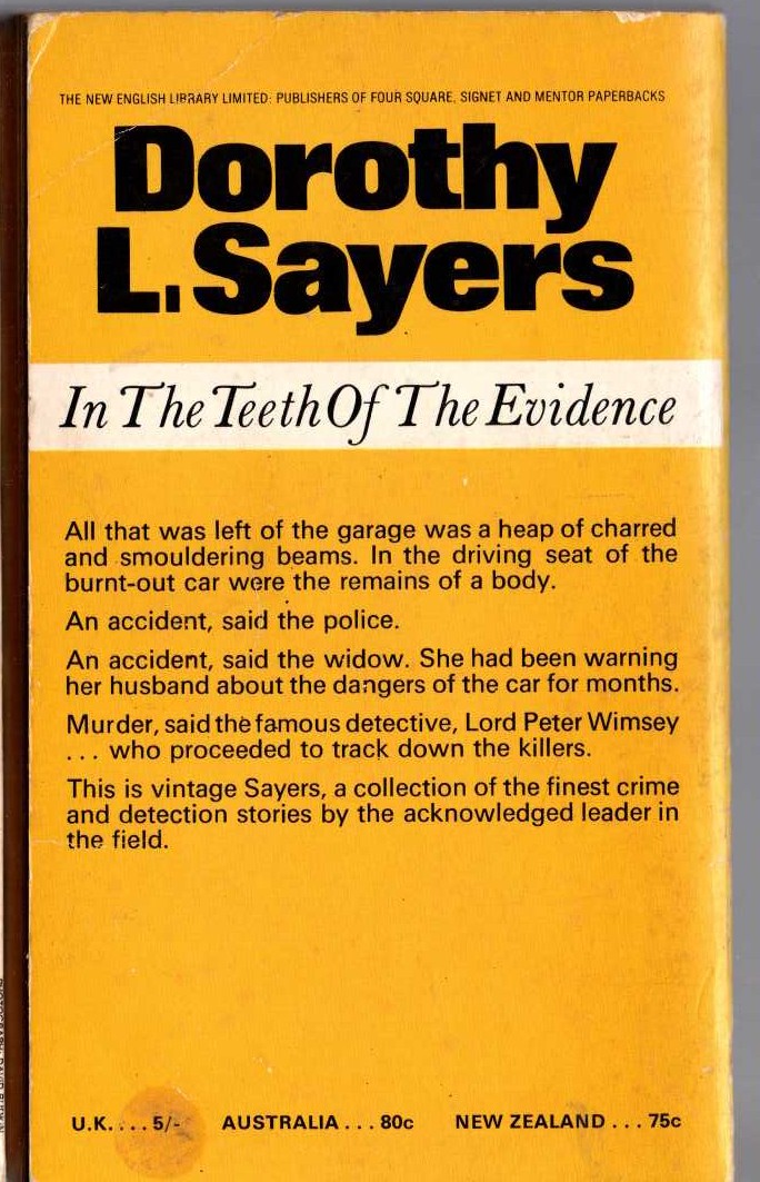 Dorothy L. Sayers  IN THE TEETH OF THE EVIDENCE magnified rear book cover image