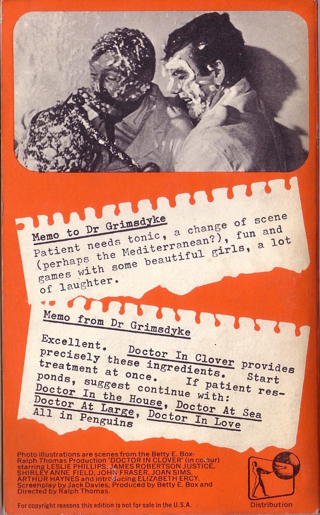 Richard Gordon  DOCTOR IN CLOVER (Elizabeth Ercy & Leslie Phillips) magnified rear book cover image