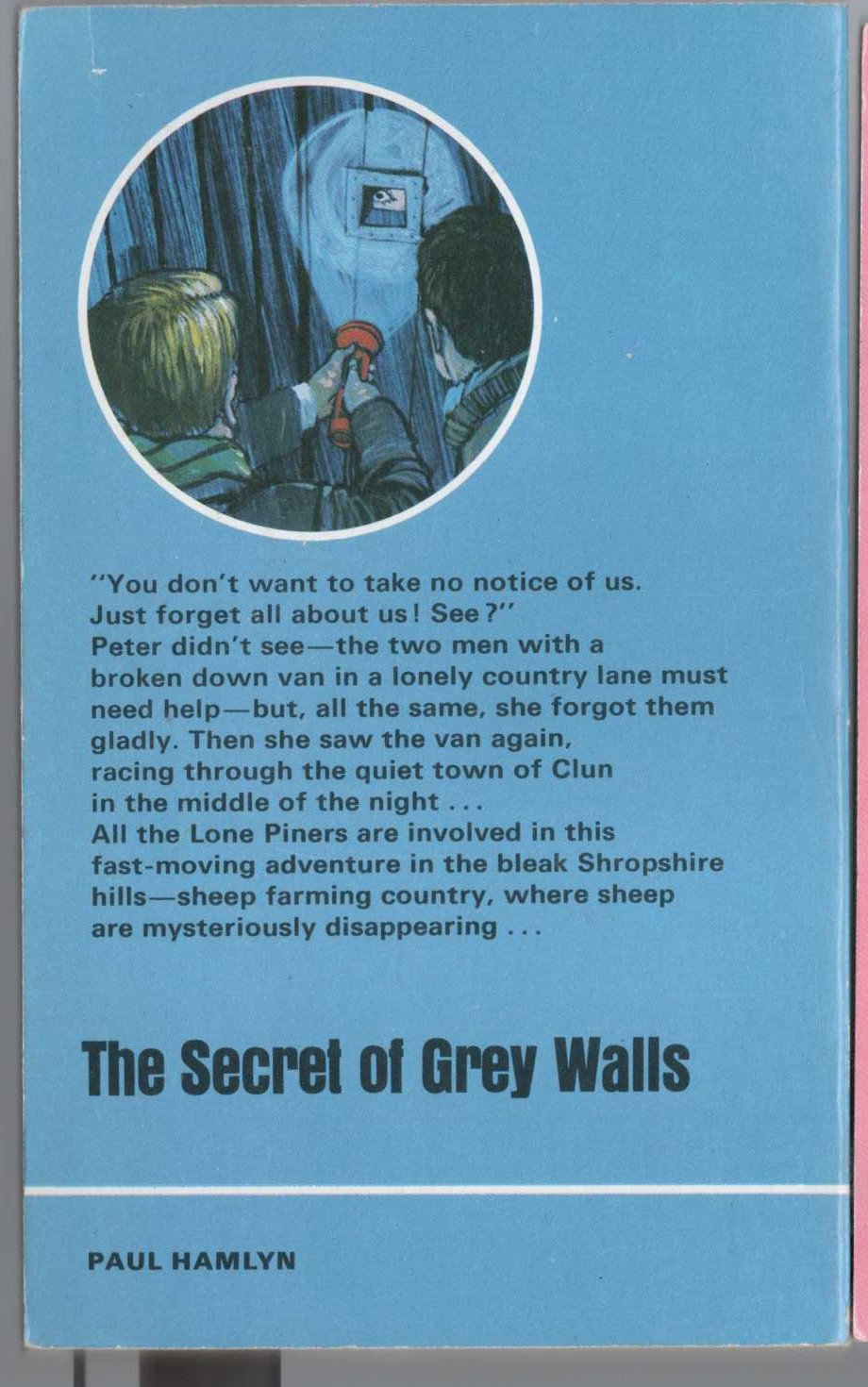 Malcolm Saville  THE SECRET OF GREY WALLS magnified rear book cover image