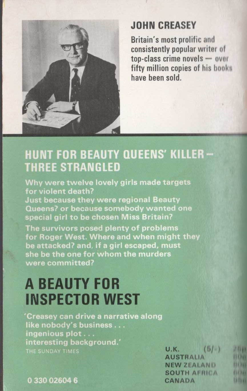 John Creasey  A BEAUTY FOR INSPECTOR WEST magnified rear book cover image