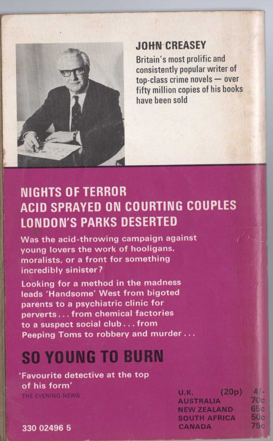 John Creasey  SO YOUNG TO BURN magnified rear book cover image