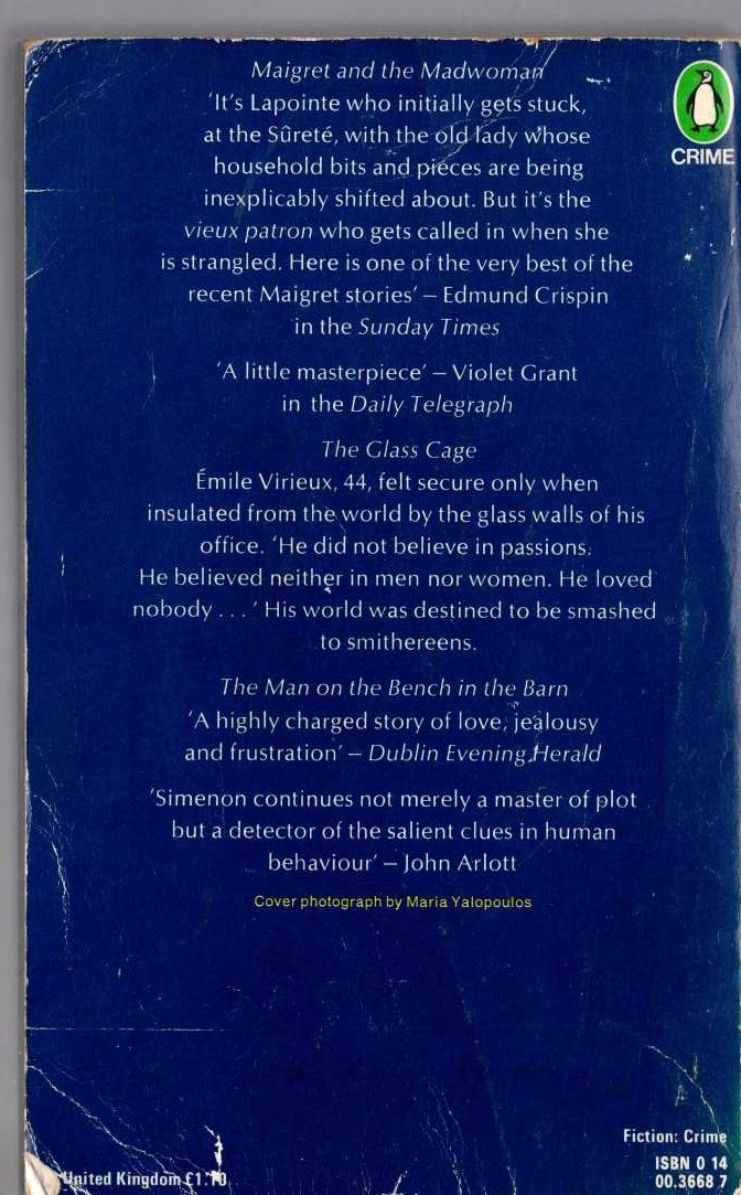 Georges Simenon  THE TENTH SIMENON OMNIBUS: MAIGRET AND THE MADWOMAN/ THE GLASS CAGE/ THE MAN ON THE BENCH IN THE BARN magnified rear book cover image