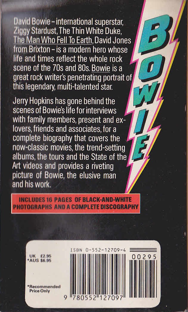 Jerry Hopkins  BOWIE. Definitive Biography magnified rear book cover image