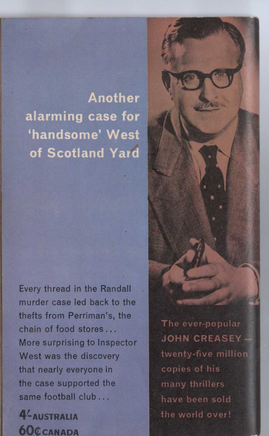 John Creasey  INSPECTOR WEST KICKS OFF magnified rear book cover image