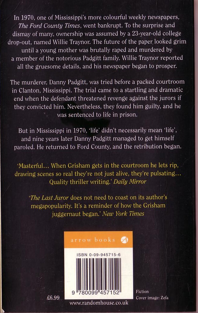 John Grisham  THE LAST JUROR magnified rear book cover image