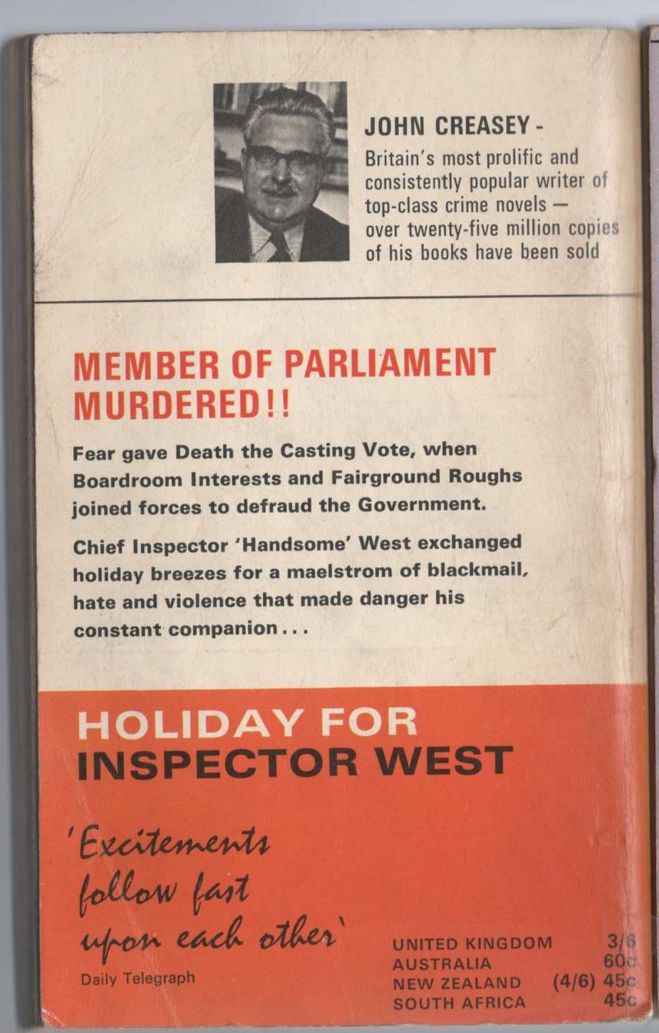 John Creasey  HOLIDAY FOR INSPECTOR WEST magnified rear book cover image