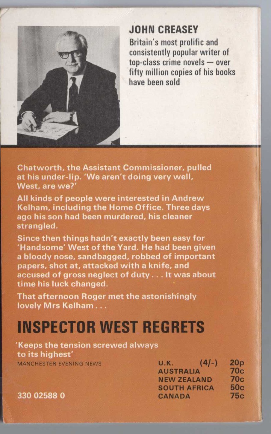 John Creasey  INSPECTOR WEST REGRETS magnified rear book cover image