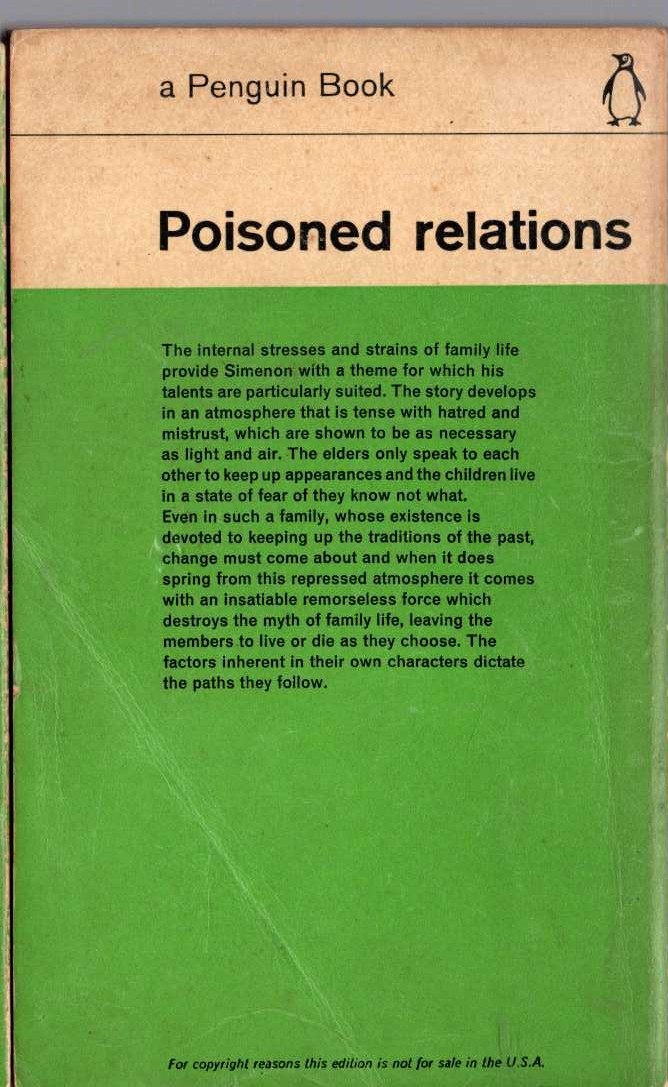 Georges Simenon  POISONED RELATIONS magnified rear book cover image