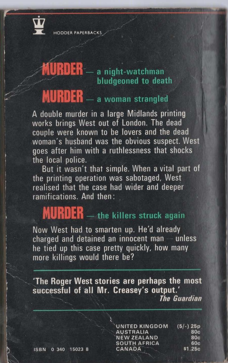 John Creasey  DEATH IN COLD PRINT magnified rear book cover image