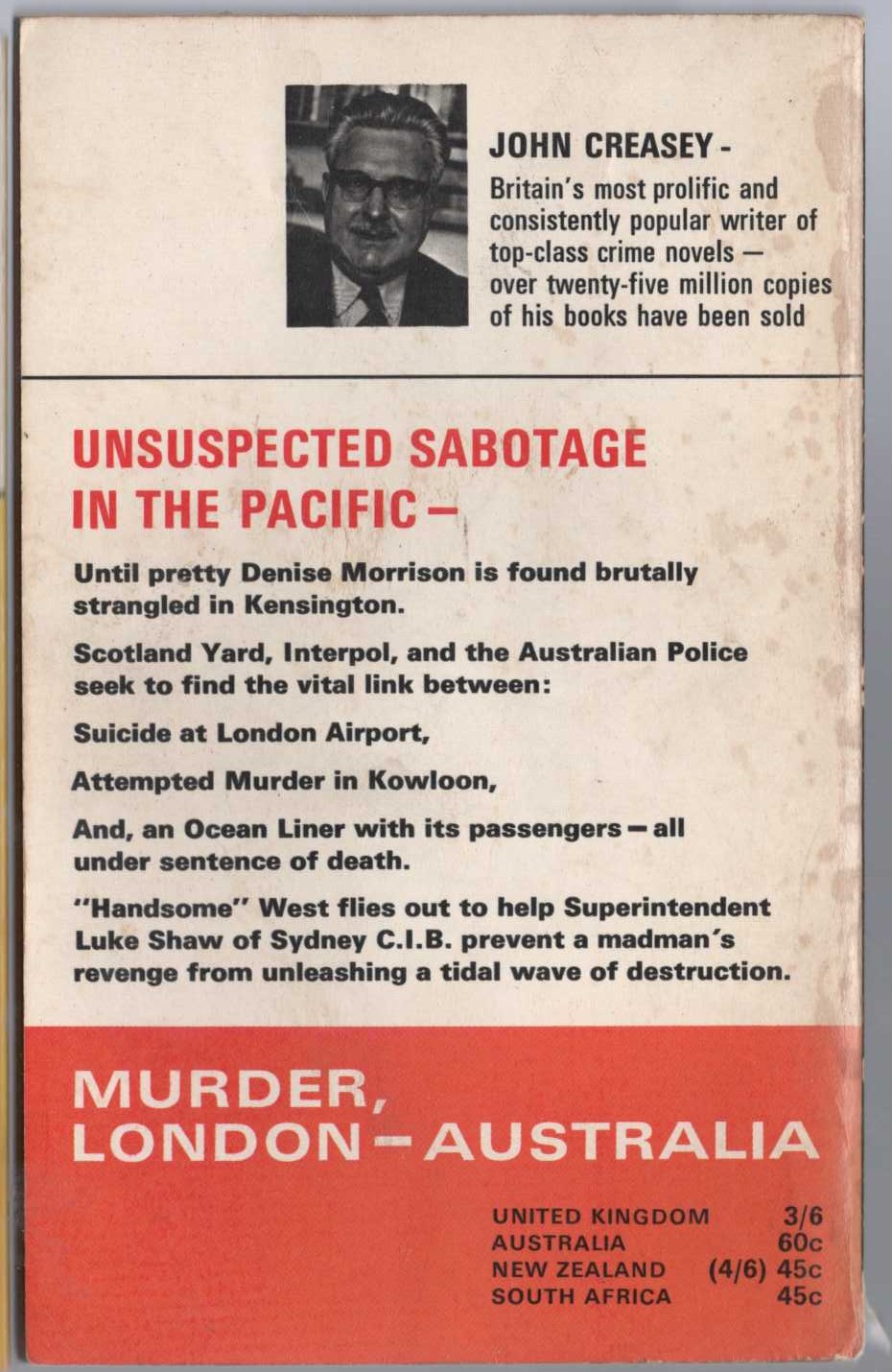 John Creasey  MURDER, LONDON - AUSTRALIA (Superintendent West) magnified rear book cover image