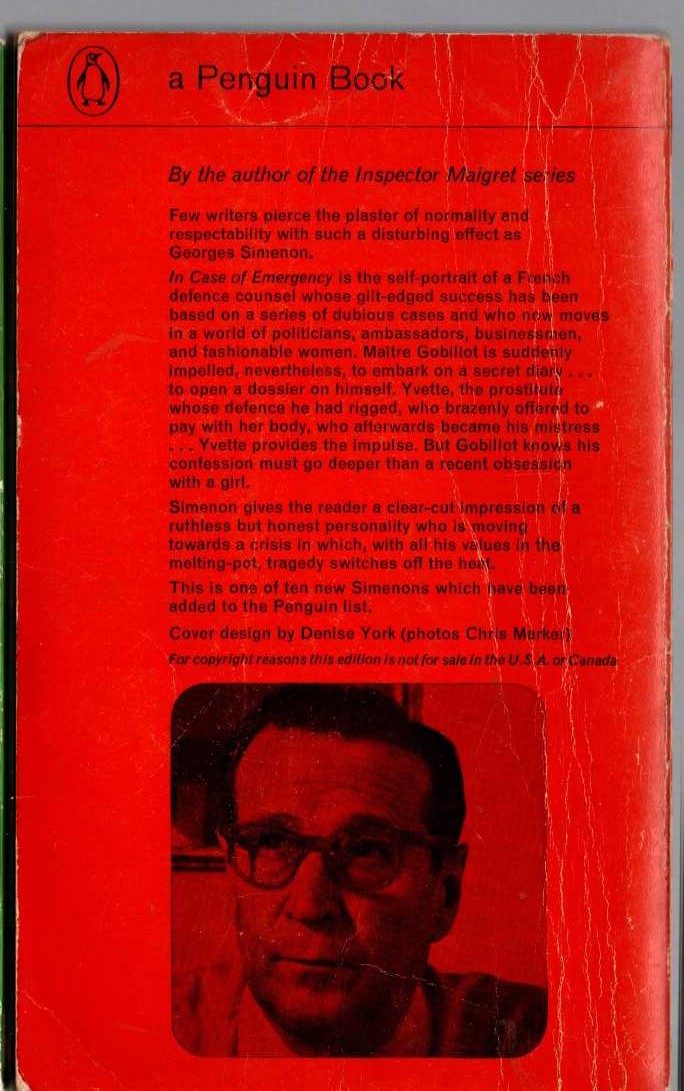 Georges Simenon  IN CASE OF EMERGENCY magnified rear book cover image