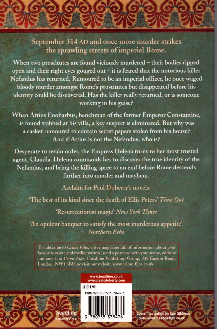 Paul Doherty  MURDER'S IMMORTAL MASK magnified rear book cover image