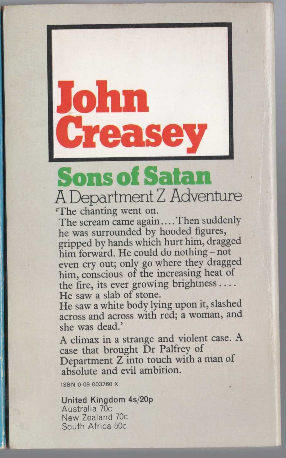 John Creasey  SONS OF SATAN (Department Z) magnified rear book cover image