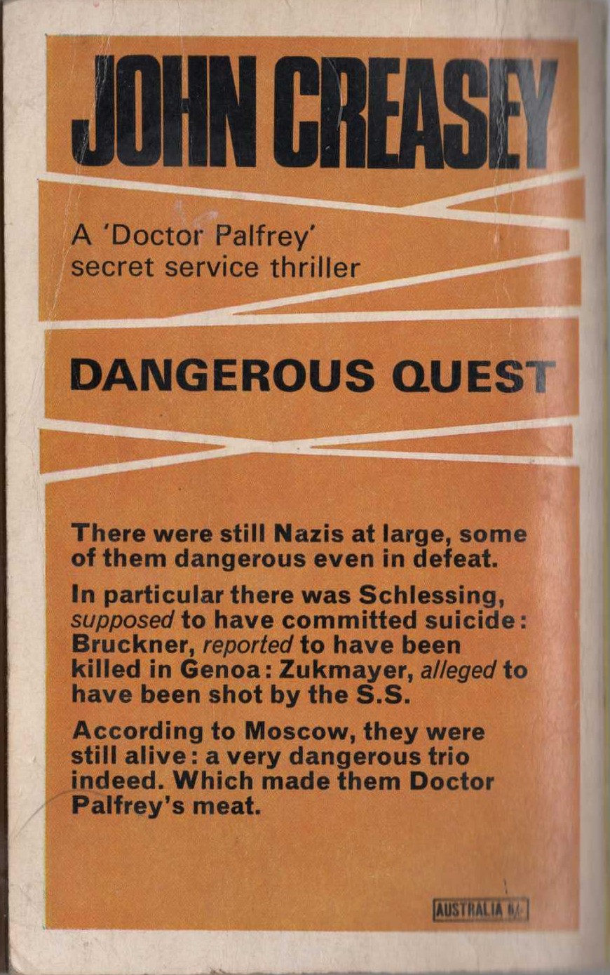 John Creasey  DANGEROUS QUEST (Doctor Palfrey) magnified rear book cover image