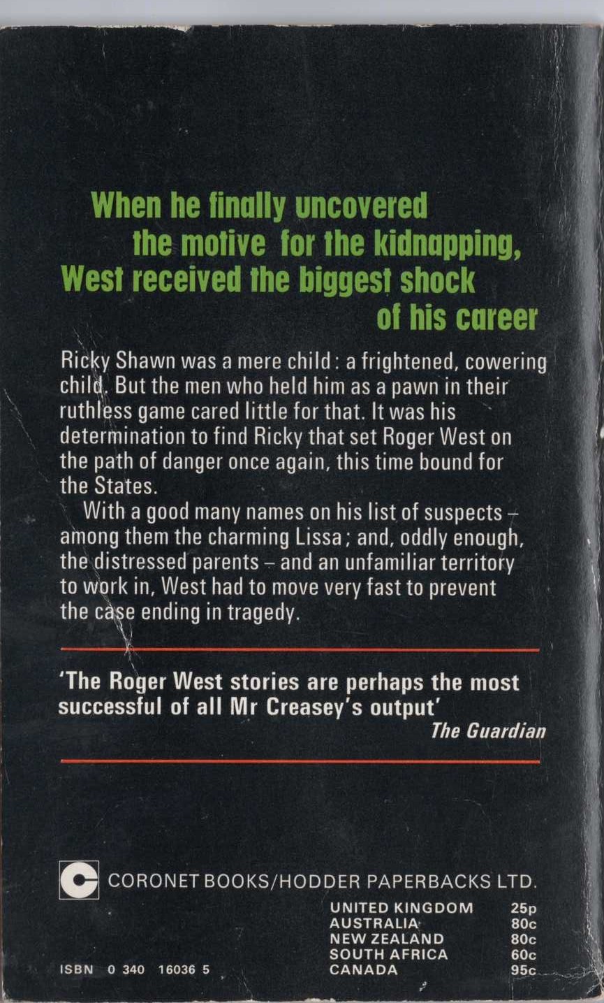 John Creasey  SEND INSPECTOR WEST magnified rear book cover image