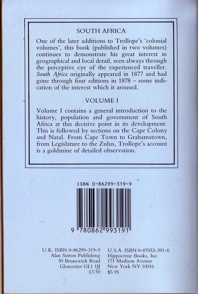 Anthony Trollope  SOUTH AFRICA. Volume I [Travel] magnified rear book cover image