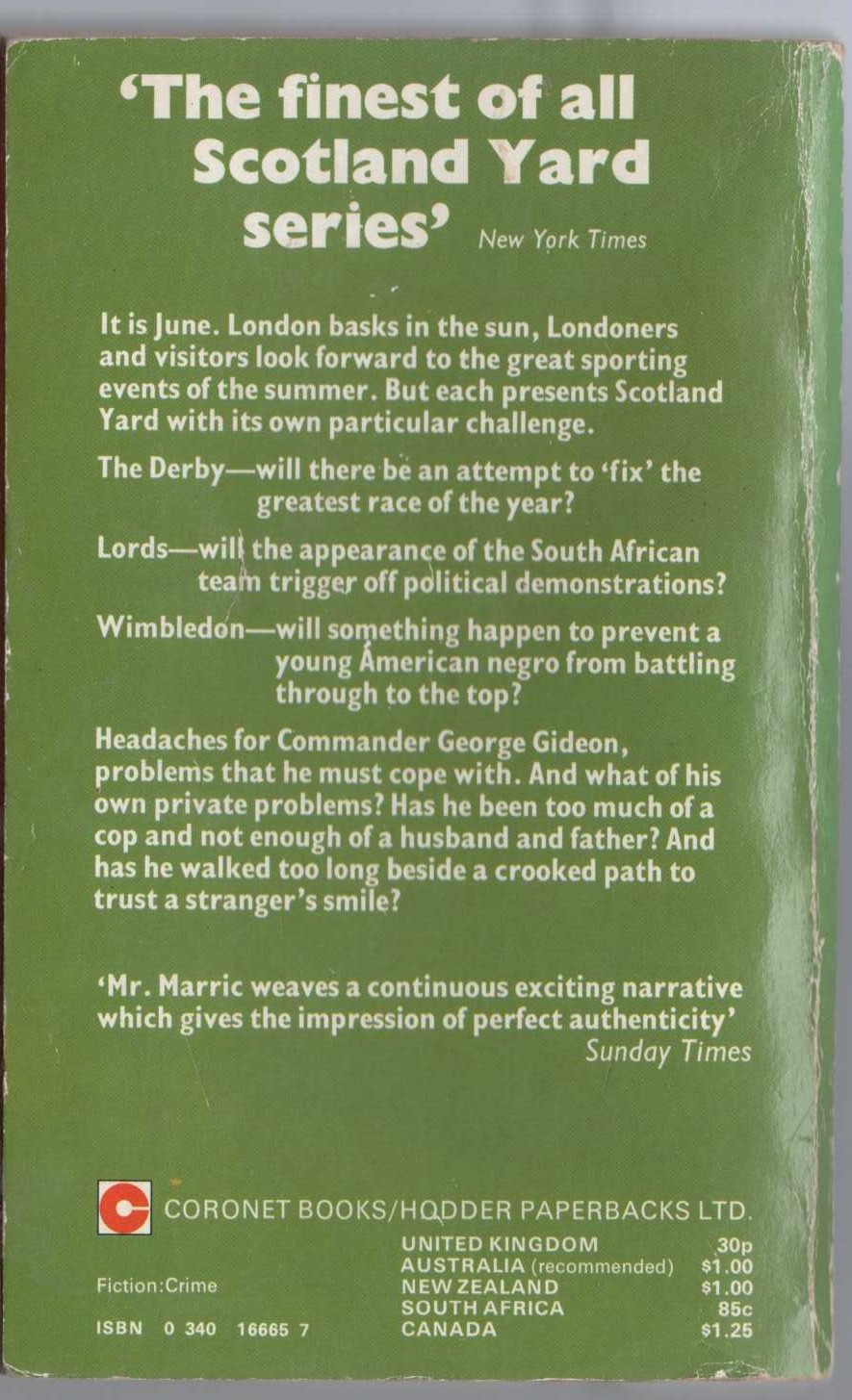 J.J. Marric  GIDEON'S SPORT magnified rear book cover image