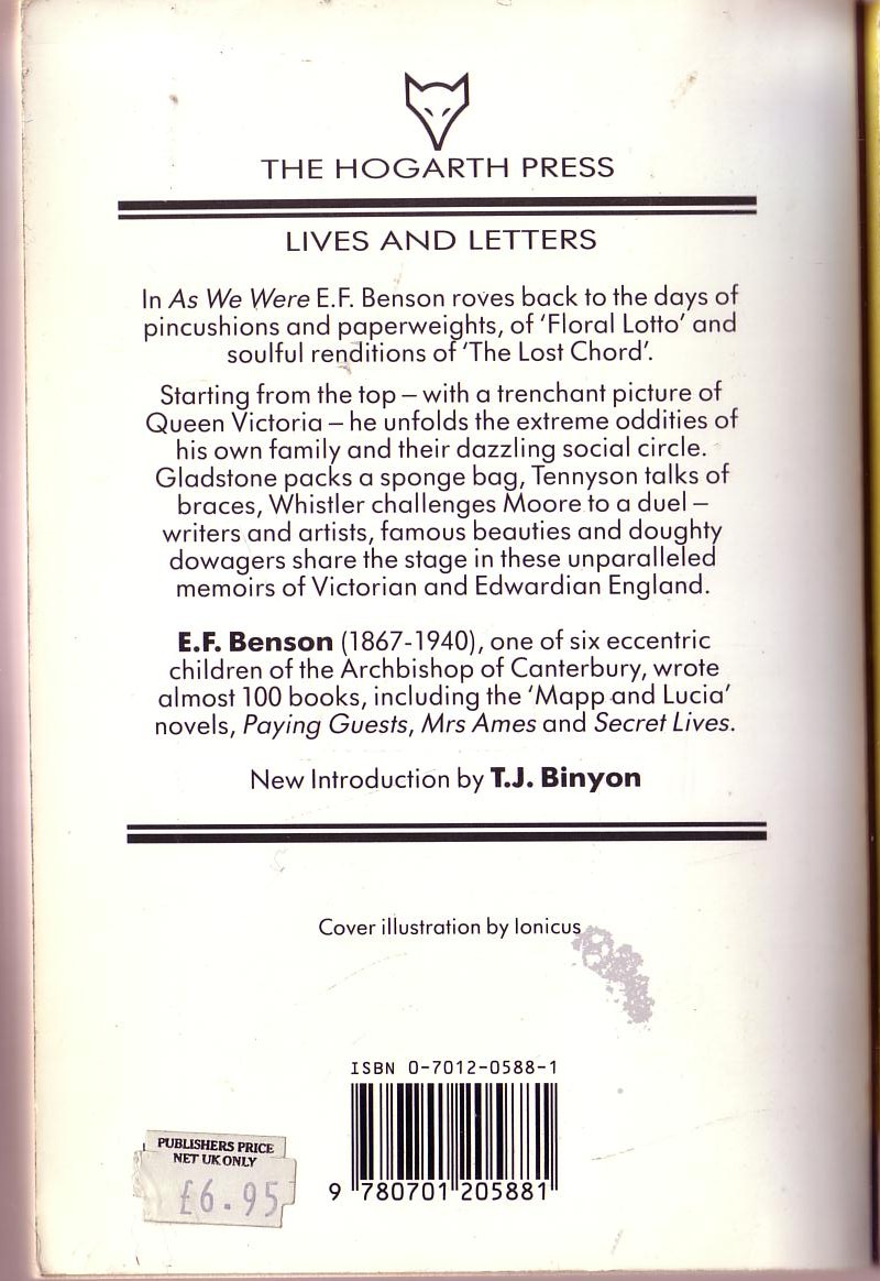 E.F. Benson  AS WE WERE (non-fiction) magnified rear book cover image